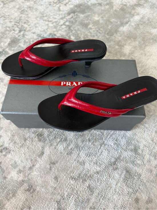 Prada Shoes - Prada Red Patent Leather Thong kitten heel Sandals.